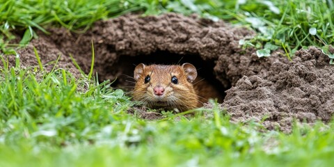 Curious brown vole peeking from its burrow entrance, surrounded by vibrant green grass.