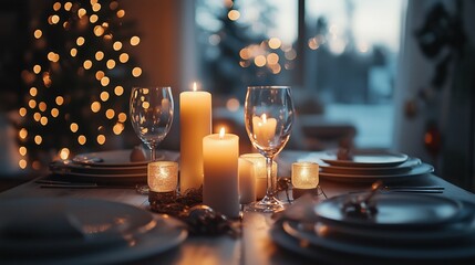 Naklejka premium Elegant Christmas table setting with glowing candles and a decorated tree in the background. Concept of holiday dinner, festive ambiance, and cozy gatherings.