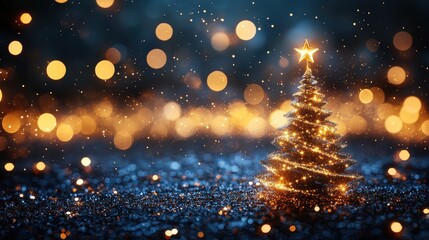 Sparkling christmas tree with star topper and golden bokeh lights in festive night scene