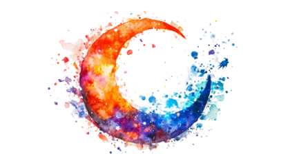 Fiery Crescent Moon Watercolor Art on transparent background