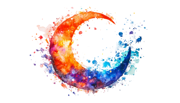 Fiery Crescent Moon Watercolor Art on transparent background