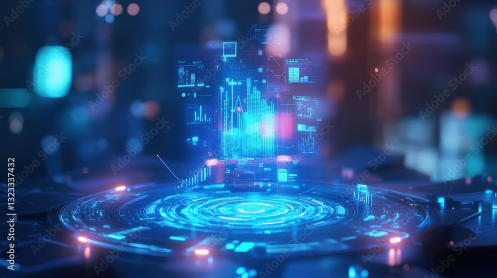 Poster holographic projection displaying interactive financial charts and graphs, visualizing business grow