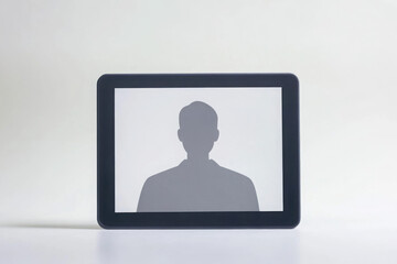 Silhouette of person on digital tablet screen isolated on neutral background.