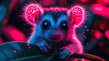Neon Dreamscape, A Bioluminescent Possum in a Cyberpunk Jungle Setting