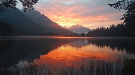 Fototapeta premium Majestic mountain sunrise reflecting over serene lake with vibrant colors