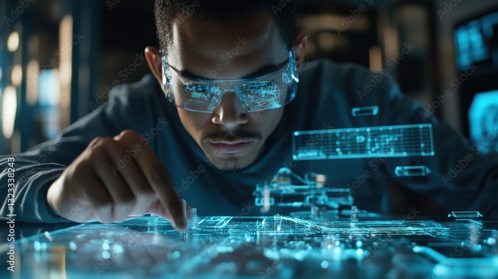 Aufkleber black developer with transparent augmented reality glasses touching futuristic holographic screen in