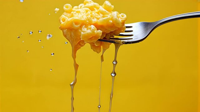 Delicious Homemade Macaroni and Cheese on a Fork Against Bright Yellow Background