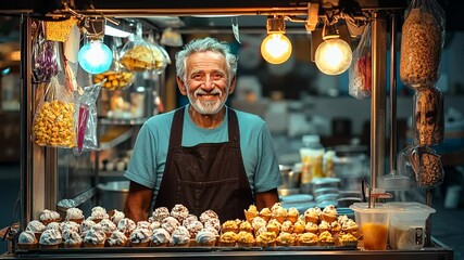 In a bustling market at dusk, a cheerful vendor proudly serves his delicious ice cream. Colorful scoops are displayed attractively, enticing passersby to savor a sweet treat. - Powered by Adobe