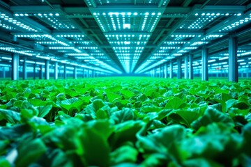 High-tech indoor vertical farm with vibrant green leafy plants growing under bright LED lighting, creating a futuristic agricultural concept. Ai generative