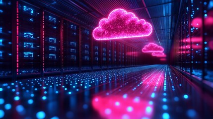 Modern server room with overhead cloud icon, futuristic data center concept showcasing advanced digital infrastructure and cutting-edge technology
