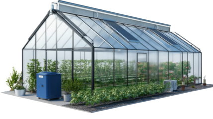 "A modern greenhouse environment with automated climate control equipment, isolated on transparent background.