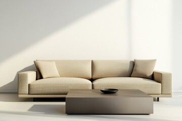 Fototapeta premium Beige sofa with a sleek coffee table in a minimalist room.