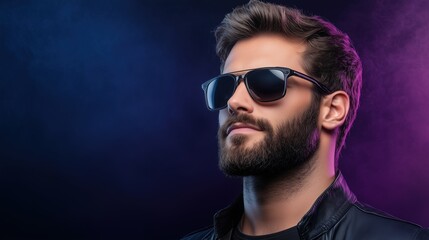 Obraz premium Close-up portrait of a stylish bearded man wearing sunglasses and a black leather jacket with moody blue and purple lighting. Fashion and confidence.