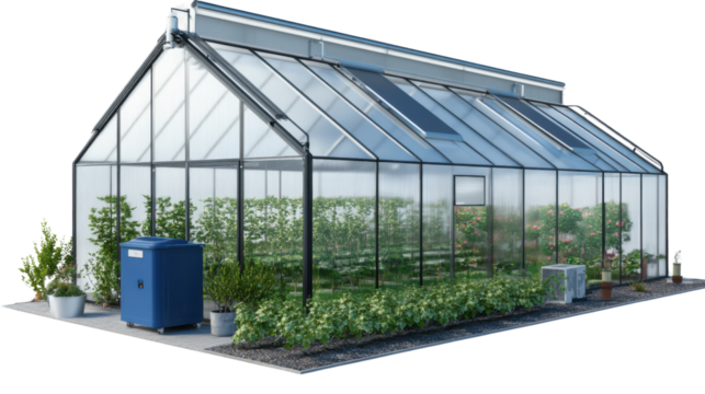 "A modern greenhouse environment with automated climate control equipment, isolated on transparent background.