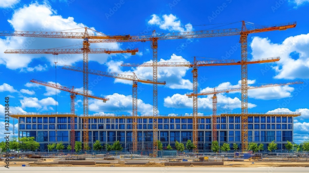 Poster a large-scale industrial site with towering cranes assembling a factory structure
