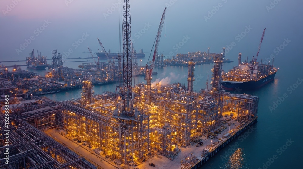 Poster a large-scale industrial site with towering cranes assembling a factory structure