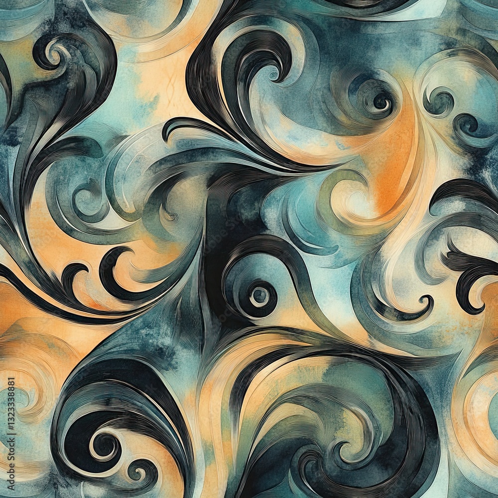 Poster artistic watercolor scrollwork seamless pattern design for textile web and print projects