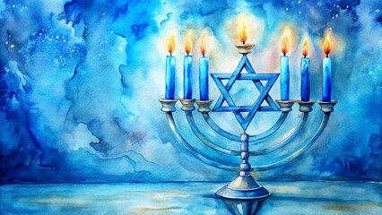 Fototapeta premium watercolor background Hanukkah Blue candles Star of David 