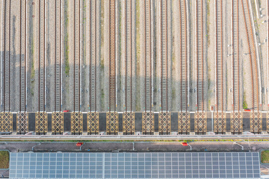 Aerial View of Metro Maintenance Depot with Tracks and Solar Pan