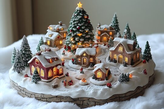 Cozy Christmas Village Scene with Snowy Houses and Illuminated Holiday Decorations