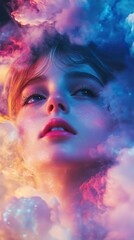 Dreamy Woman in Clouds: Surreal and Ethereal Portrait