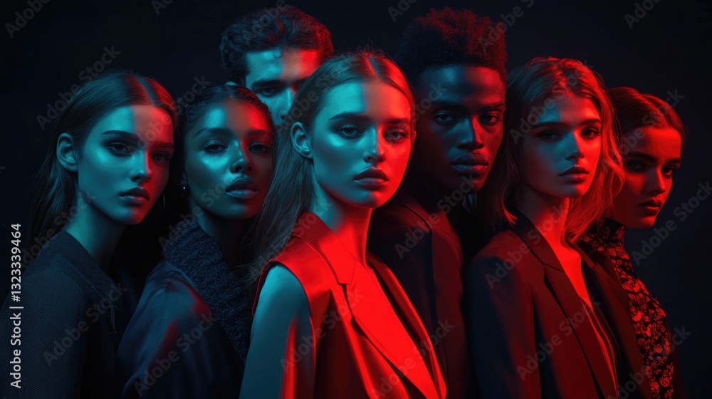 Poster a group of people standing next to each other in various poses and expressions