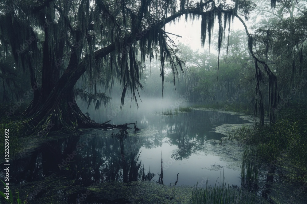 Poster a dense swamp with plenty of water and surrounded by tall trees