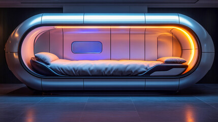 Bed in a futuristic sleep capsule with cozy pillows and lighting