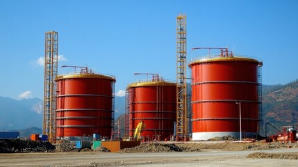 A large-scale water treatment plant being built with massive filtration tanks