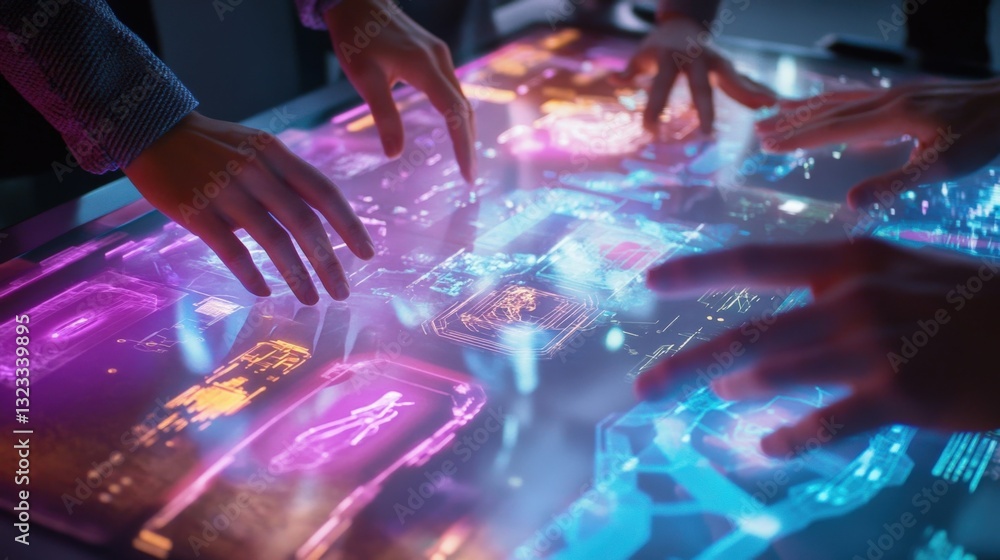 Poster hands of businesspeople interacting with a futuristic touchscreen table displaying colorful holograp