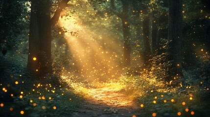 Enchanting forest path illuminated by magical sunlight and fireflies