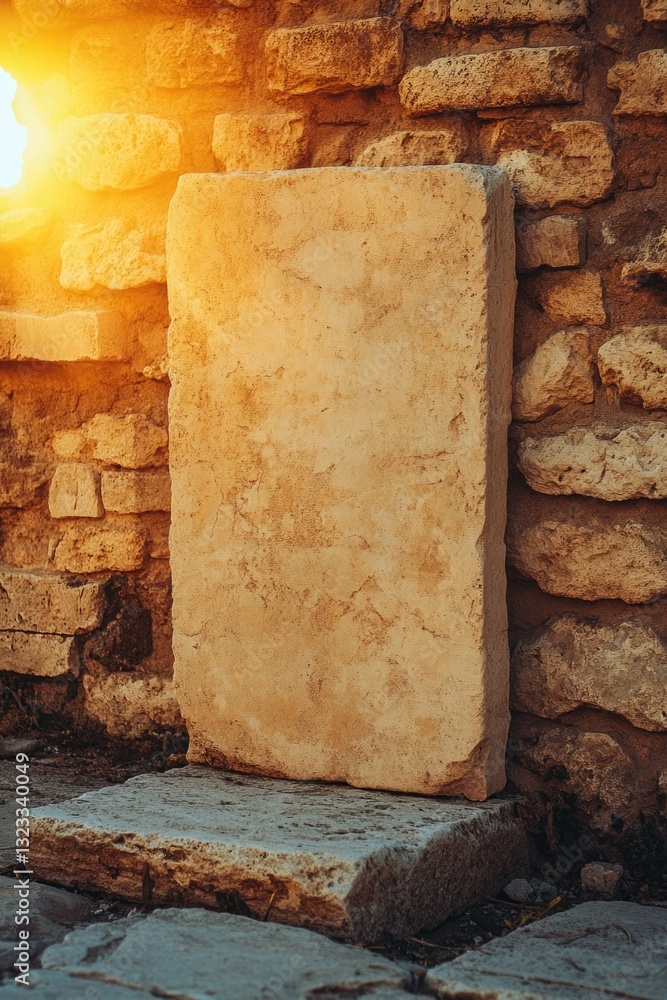 Poster a large stone block sits in front of a stone wall, with intricate carvings and textures