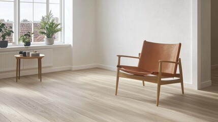 Relaxing in minimalist style a cozy leather chair in a bright modern room interior design contemporary natural light