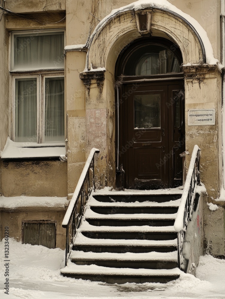 Aufkleber A building with a layer of snow on the steps