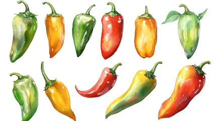 Vegetables and farm produce. Collection set watercolor fresh farm vegetables. Colorful variety of fresh peppers illustrated.