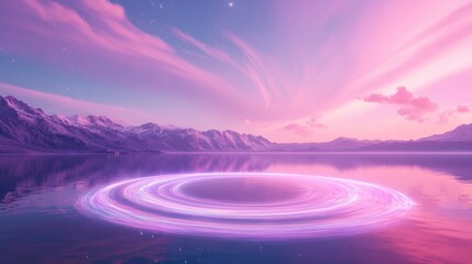 Rainbow swirling around a lake with illuminated effects.