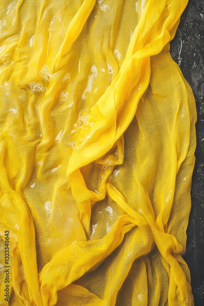 Poster a close-up view of a bright yellow cloth lying on a table