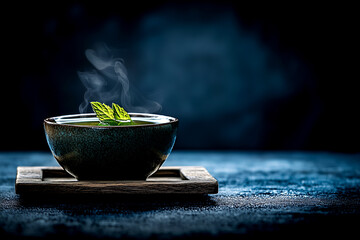 Bowl of green mint leaves sits on a wooden tray on a dark blue table. The steam rising from the bowl creates a sense of warmth and comfort