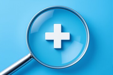 Obraz premium Magnifying glass highlighting a white medical cross on a blue background, symbolizing healthcare, diagnosis, and medical research. Ai generative