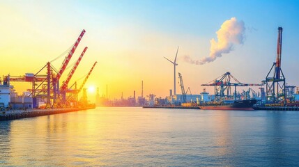 Obraz premium A large industrial port with renewable energy-powered cranes and machinery