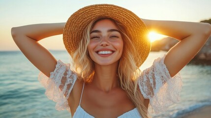 Young caucasian female smiling at sunset on the beach in a straw hat