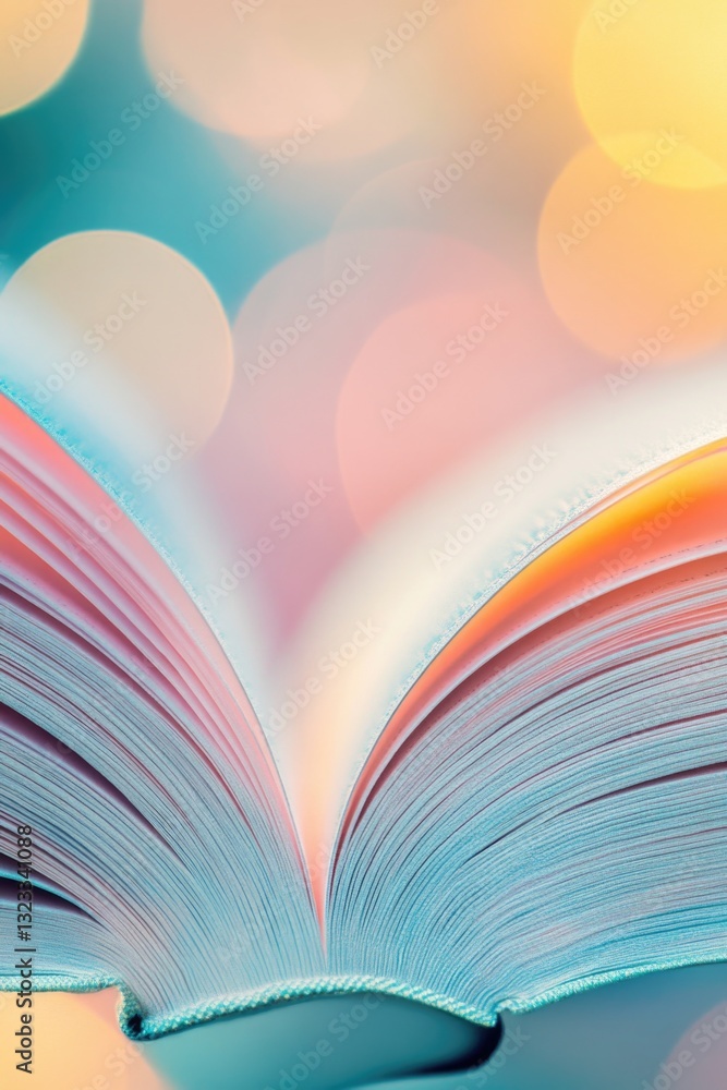 Poster a book with pages open, featuring blurry lights in the background