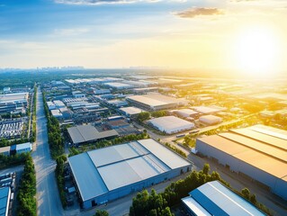 Aerial view of an industrial area during sunset, showcasing warehouses and roads surrounded by greenery.