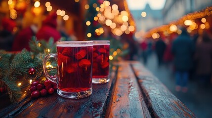 Festive mulled wine in christmas market with bokeh lights and berries on wooden table