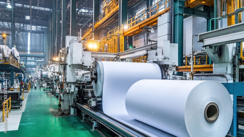 Poster a large paper mill with automated printing machines and conveyor belts moving large rolls of paper