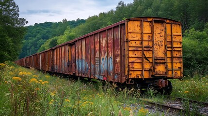 Fototapeta premium Abandoned Train Cars Rusting on Tracks in Overgrown Field