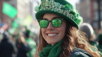 Smiling woman wearing shamrock-themed sunglasses at the St. Patrick's Day parade, ideal for promoting holiday celebrations, Irish-themed products, and festive events