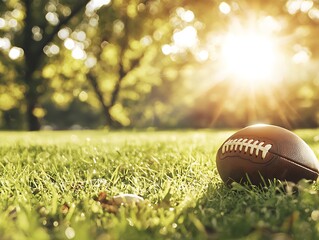 Football on grass field at sunset outdoor sports scene nature's beauty captured in soft light