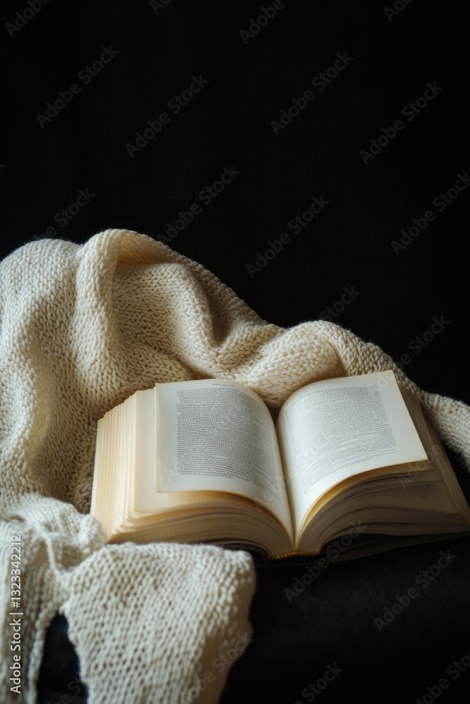 Poster an open book sits on top of a cozy blanket, ready for reading and relaxation
