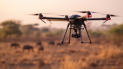 Drone surveying wildlife in African savanna at sunset for conservation purposes